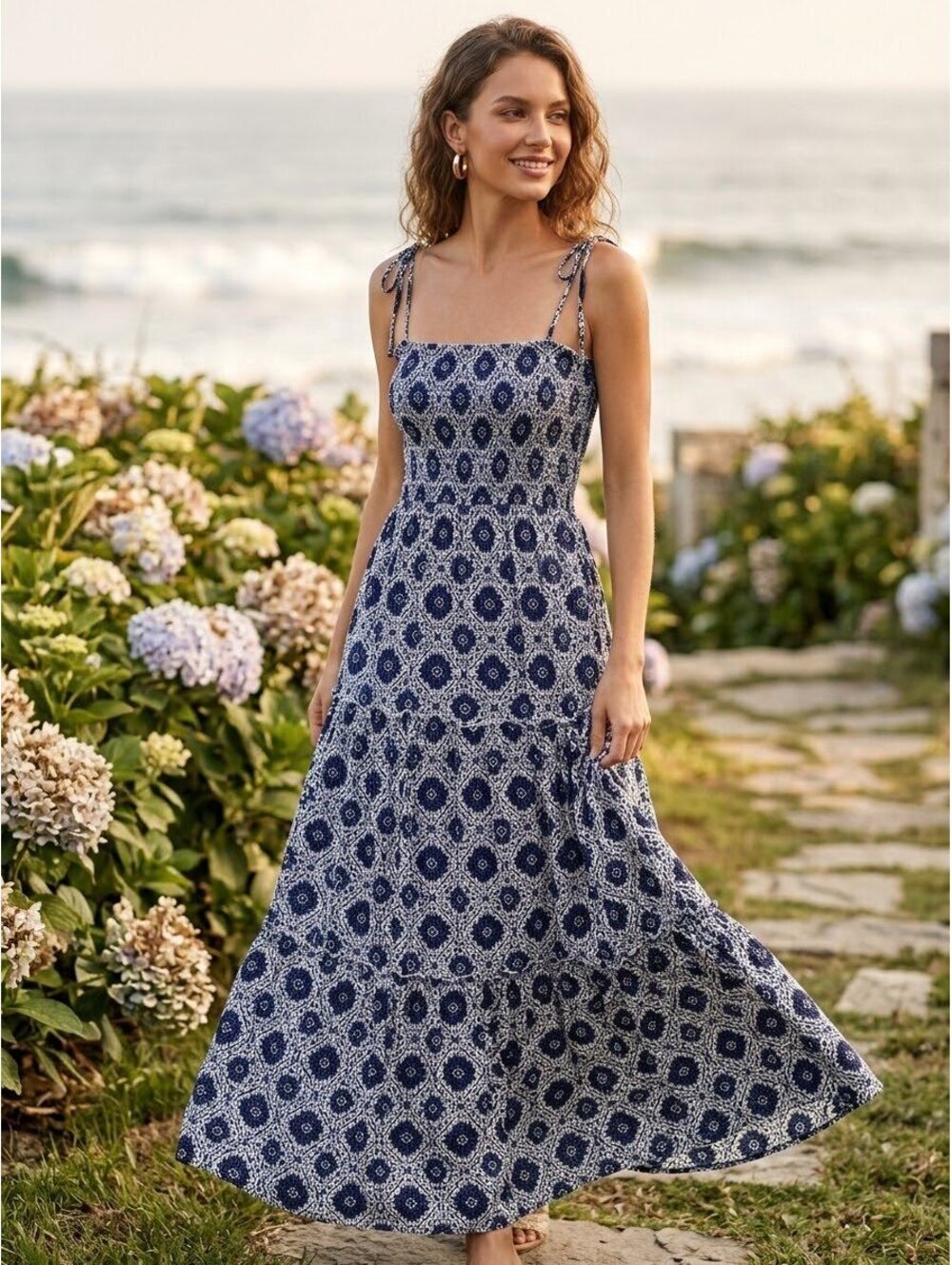 Aqua Blue and White Floral Maxi Dress with Adjustable Straps